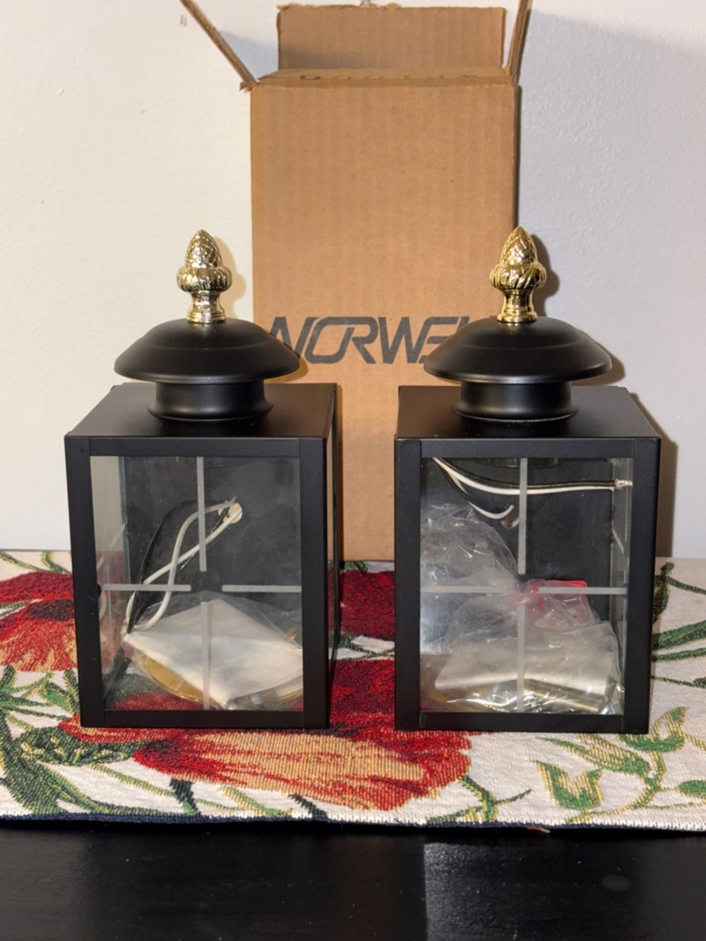 Pair of Black Outdoor Lantern Wall Sconces Lights with Gold Finials Norwell